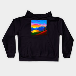 Retro nostalgic dreamy sunset in the mountains Kids Hoodie